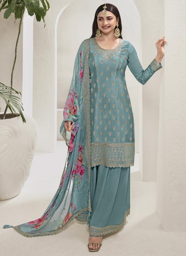 Heavy Viscose Chinon Sky Blue Wedding Wear Embroidery Work Plazzo Suit